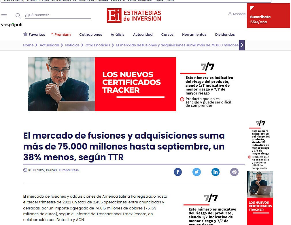 El mercado de fusiones y adquisiciones suma ms de 75.000 millones hasta septiembre, un 38% menos, segn TTR